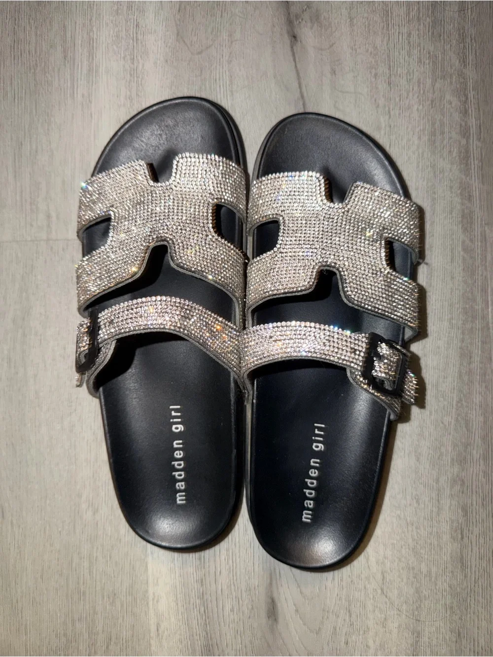 Madden Girl Black Slide Sandals with Silver Crystal Straps